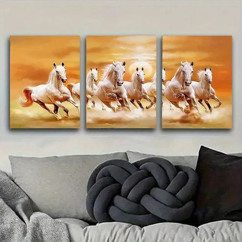 3pcs Galloping White Horses  Wall Art Set Canvas Unframed - High Quality Print 100% Australian Made Wall Canvas - Bella Home Decor