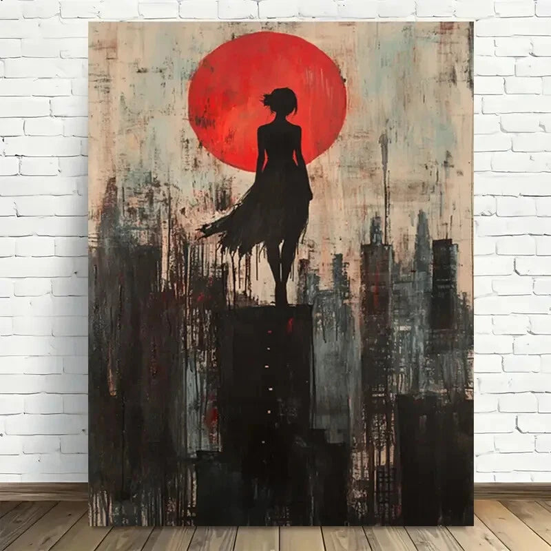 Beautiful Elegant Red Sunset Cityscape Painting 40x60cm Metal Print Ready to Hang - Bella Home Decor