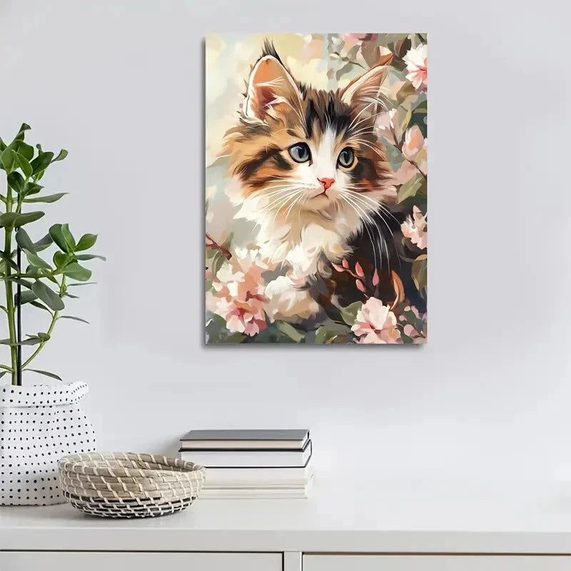 Norwegian Forest Cat Kitten with Flowers Painting 40x60cm Metal Print Ready to Hang - Bella Home Decor