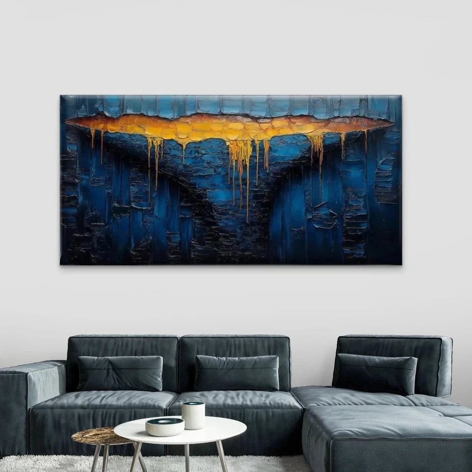 Abstract Blue & Golden Hues Wall Art Canvas Office Home Room Framed 120x60cm