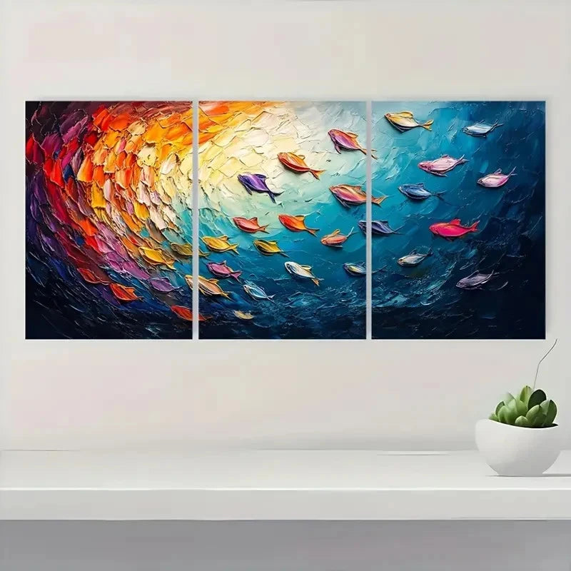 3pcs  Colorful Fish School  Abstract  GJ Wall Art Set Canvas Framed 40x60cm - High Quality Print 100% Australian Made Wall Canvas Ready to Hang - Bella Home Decor