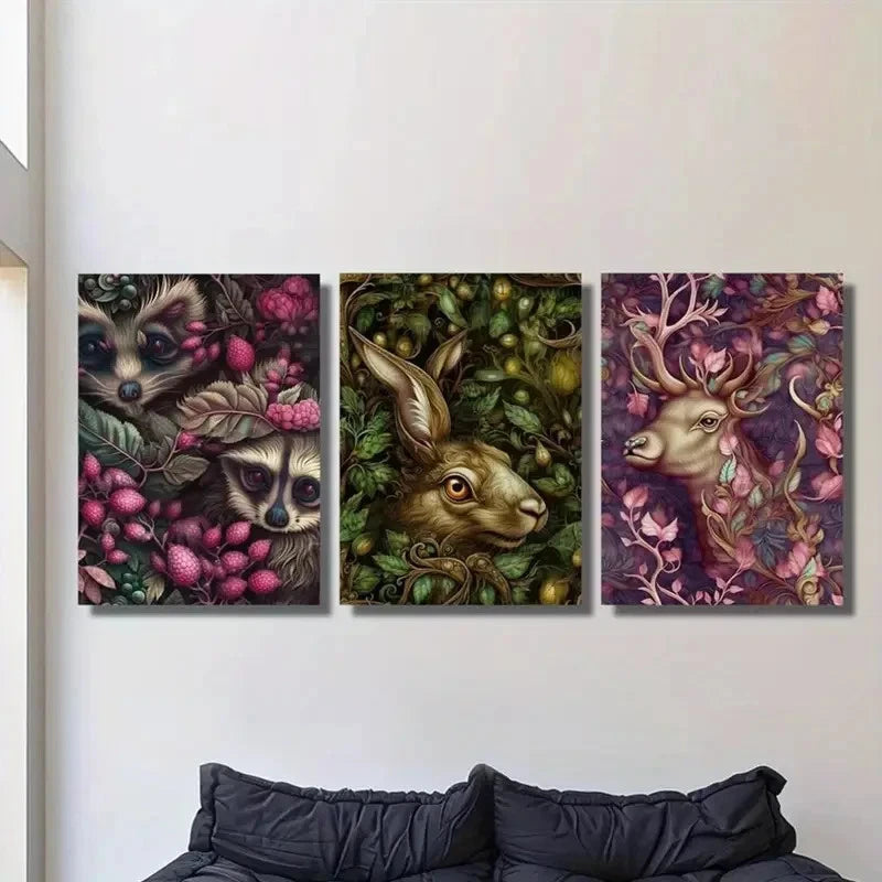 3pcs Raccoon, Rabbit & Deer in Floral & Fruity  Wall Art Set Canvas Framed 50x70cm - High Quality Print 100% Australian Made Wall Canvas Ready to Hang