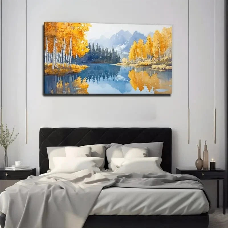 Autumn Lake Yellow Forest Wall Art Canvas Office Home Room Framed 120x60cm