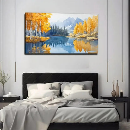 Autumn Lake Yellow Forest Wall Art Canvas Office Home Room Framed 120x60cm