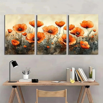 3pcs Vibrant Orange Poppies Blooming Perfect Wall Art Set Canvas Framed 60x90cm - High Quality Print 100% Australian Made Wall Canvas Ready to Hang