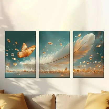 3pcs Beside The Feathers Are Golden Butterflies Wall Art Set Canvas Framed 60x90cm - High Quality Print 100% Australian Made Wall Canvas Ready to Hang - Bella Home Decor
