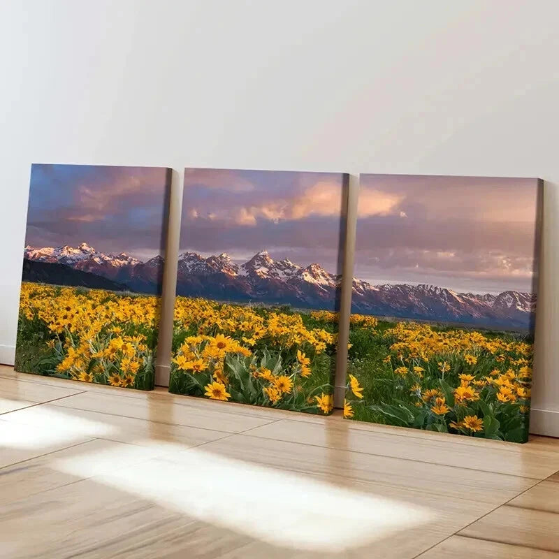 3pcs Flower Fields Mountains Sunset Modern Wall Art Set Canvas Framed 40x60cm - High Quality Print 100% Australian Made Wall Canvas Ready to Hang - Bella Home Decor