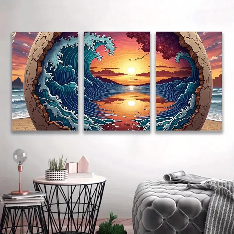 3pcs Vibrant Sunset Ocean Waves Design  Wall Art Set Canvas Framed 60x90cm - High Quality Print 100% Australian Made Wall Canvas Ready to Hang - Bella Home Decor