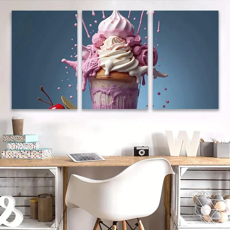 3pcs Ice Cream Sundae with Whipped Cream Wall Art Set Canvas Framed 50x70cm - High Quality Print 100% Australian Made Wall Canvas Ready to Hang
