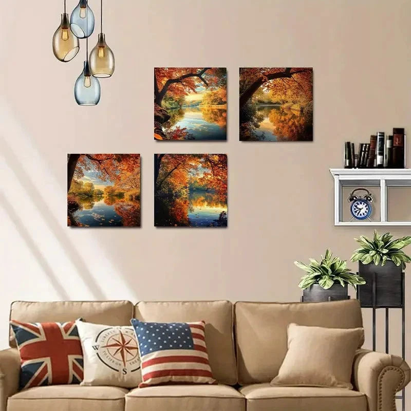 4pcsFeaturing Serene River ScenesWall Art Canvas Framed