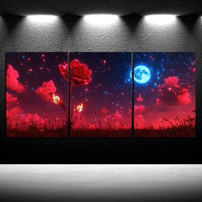 3pcs Red Rose and Moonlight Night Sky Metal Print Ready to Hang Art - Bella Home Decor