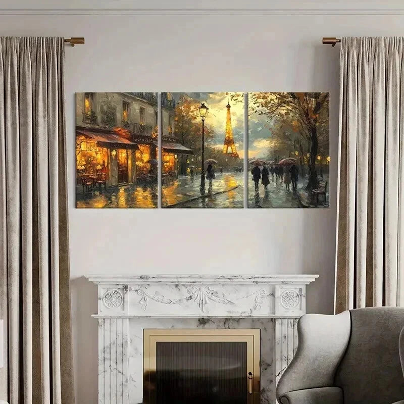 3pcs Parisian Rain Eiffel Tower Cozy Streetscape Wall Art Set Canvas Framed 40x60cm - High Quality Print 100% Australian Made Wall Canvas Ready to Hang - Bella Home Decor
