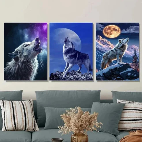 3pcs Wolf Howling Triptych Stunning Nature Wall Art Canvas Unframed - High Quality Print 100% Australian Made Wall Canvas
