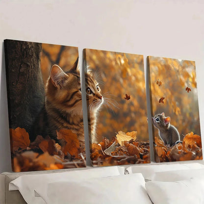 3pcs Autumn Cat and Mouse Scene Wall Art Set Canvas Framed 40x60cm - High Quality Print 100% Australian Made Wall Canvas Ready to Hang - Bella Home Decor