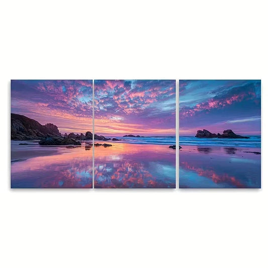 3pcs Sea Sunset Cloud Reflection Landscape Wall Art Set Canvas Framed 50x70cm - High Quality Print 100% Australian Made Wall Canvas Ready to Hang