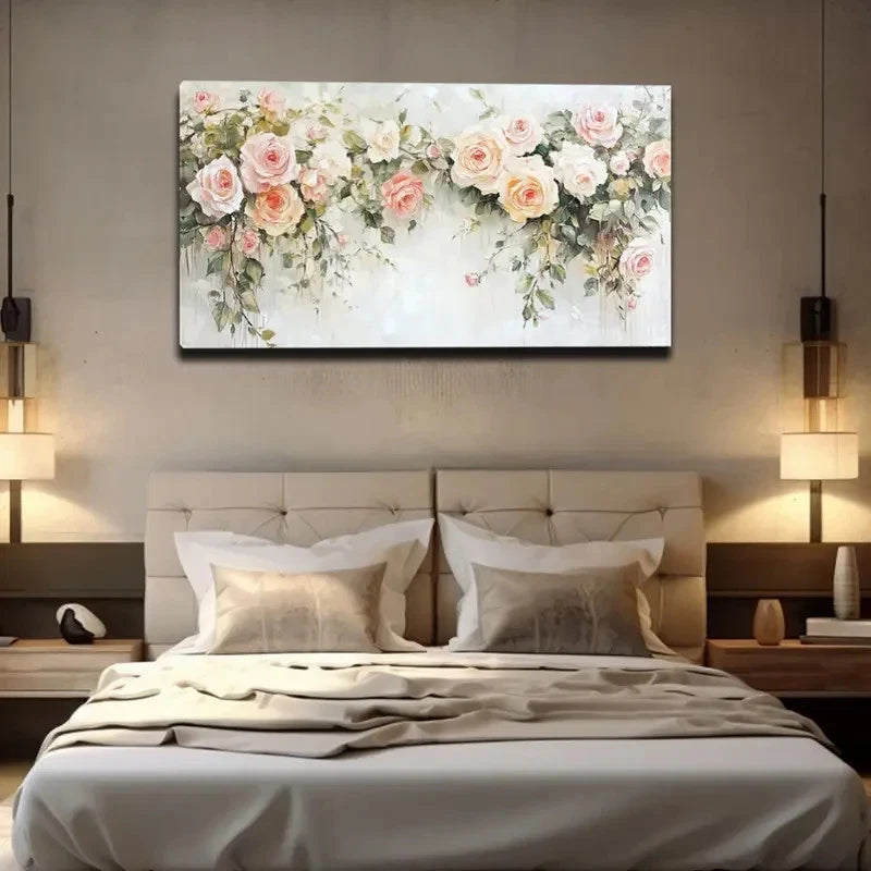 Pink & White Roses With Green Wall Art Canvas Office Home Room Framed 120x60cm