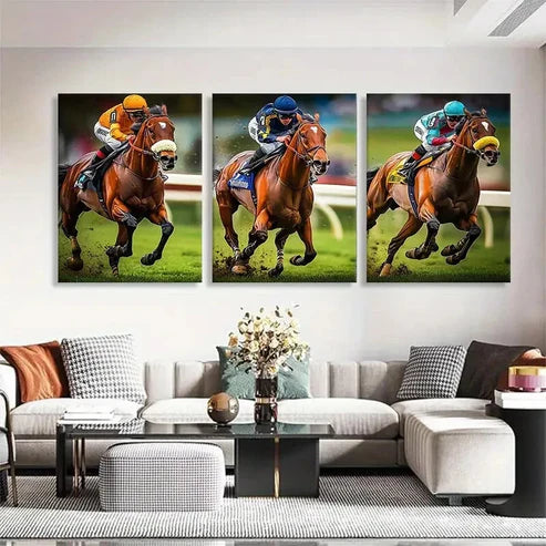 3pcs Dynamic Race Horses Action Sport Perfect Wall Art Set Canvas Unframed - High Quality Print 100% Australian Made Wall Canvas - Bella Home Decor