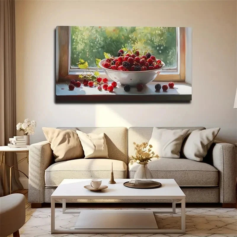 Vibrant Red Raspberries & Berri Wall Art Canvas Office Home Room Framed 120x60cm