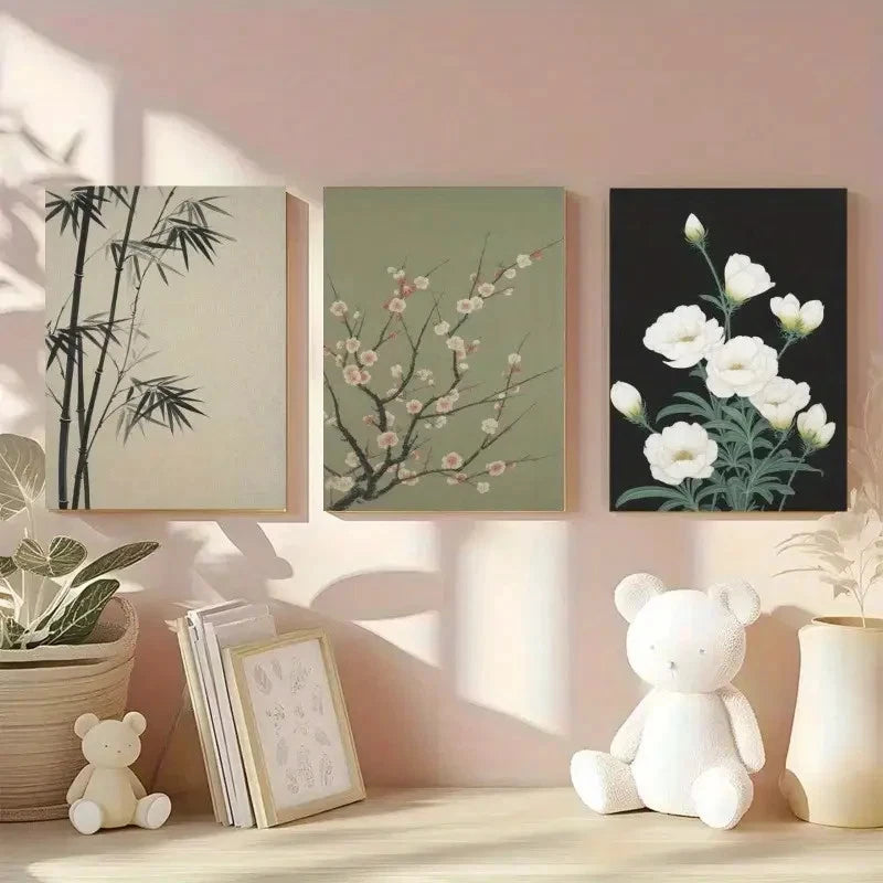 3pcs Bamboo Plum Blossom White Flowers Paintings Metal Print Ready to Hang Art - Bella Home Decor