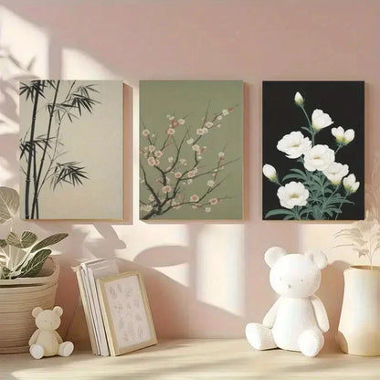 3pcs Bamboo Plum Blossom White Flowers Paintings Metal Print Ready to Hang Art - Bella Home Decor