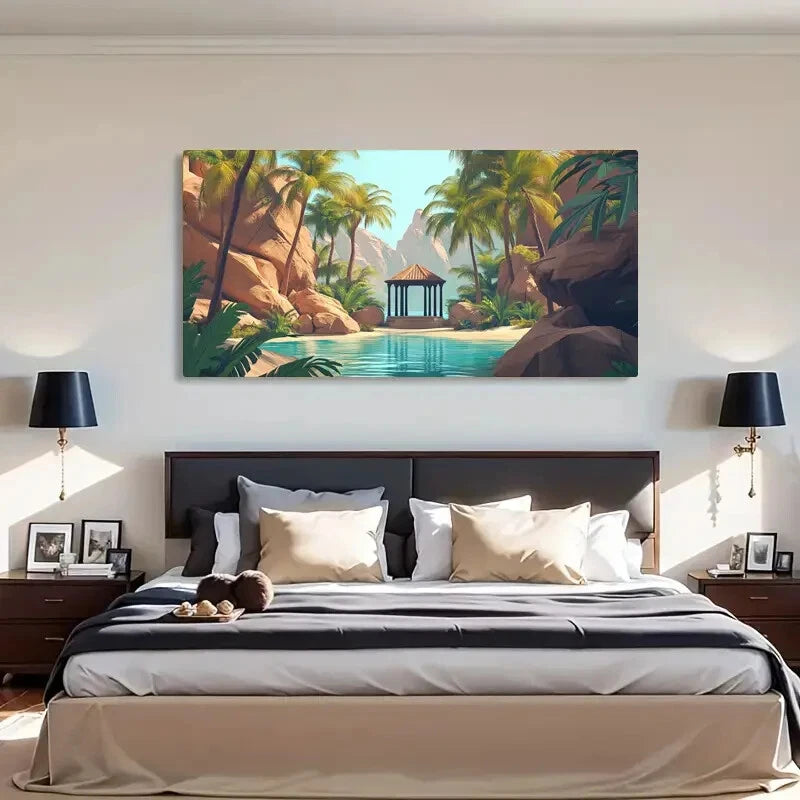 Gazebo And Palm Trees Scene Wall Art Canvas Office Home Room Framed 120x60cm - Bella Home Decor