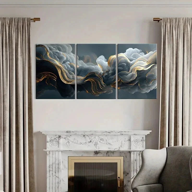 3pcs Abstract Cloudscape Art Golden Waves Metal Print Ready to Hang Art