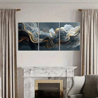 3pcs Abstract Cloudscape Art Golden Waves Metal Print Ready to Hang Art