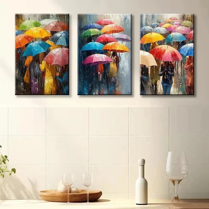 3pcs Vibrant Umbrella Rainy Day Scene Metal Print Ready to Hang Art