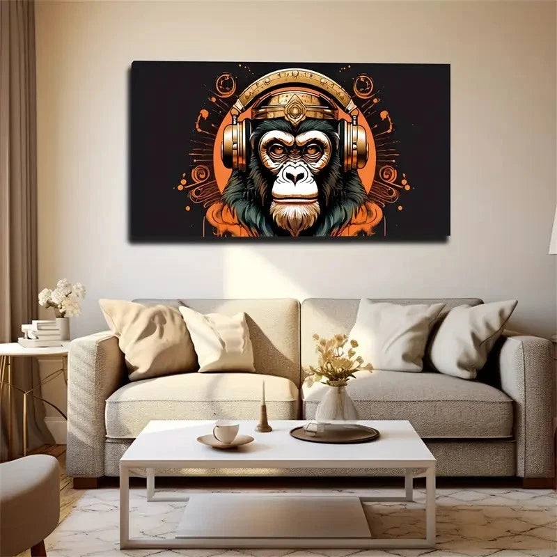 Gorilla With Headphones Vibrant Wall Art Canvas Office Home Room Framed 120x60cm