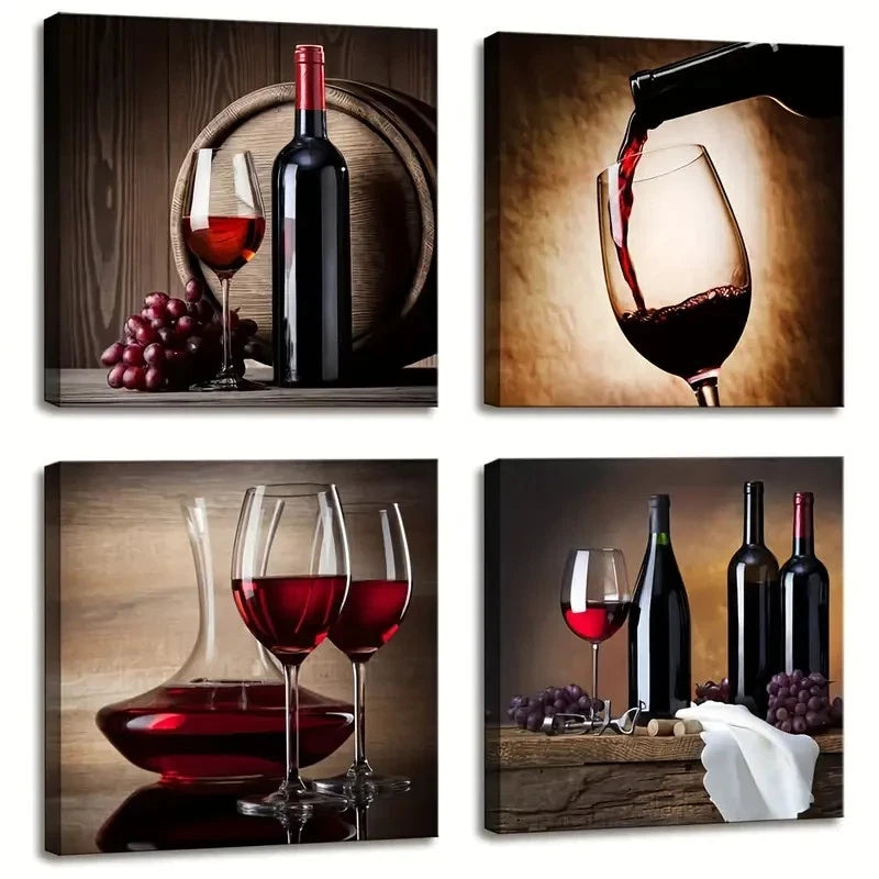 4pcs Red Wine Cups Modern Dining Room Wall Art Canvas Framed