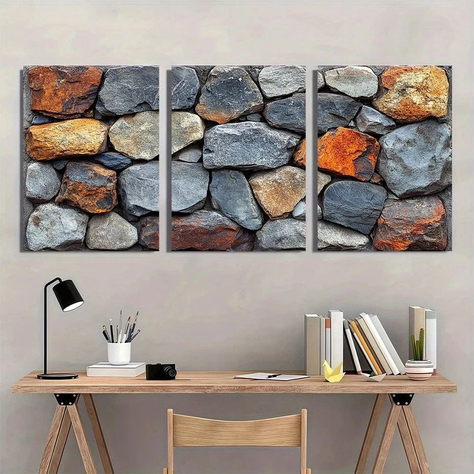 3pcs Rustic Stone Texture Earthy Metal Print Ready to Hang Art