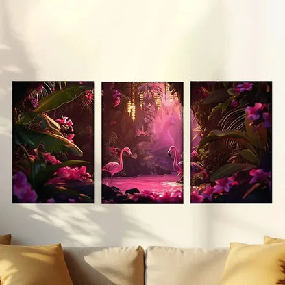 3pcs Scene of Flamings in Jungle Wall Art Canvas Unframed - High Quality Print 100% Australian Made Wall Canvas