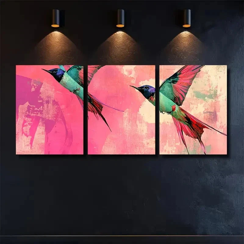3pcs Artistic Collage of Swallows Flying Fuchsia Metal Print Ready to Hang Art - Bella Home Decor