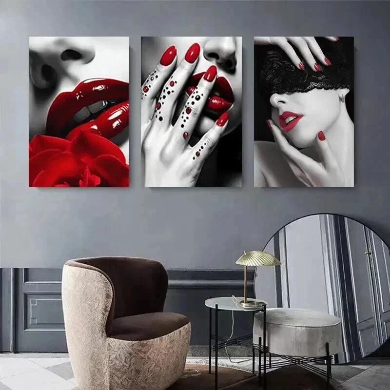 3pcs Red Lips And Nails Abstract Modern Perfect Wall Art Set Canvas Framed 50x70cm - High Quality Print 100% Australian Made Wall Canvas Ready to Hang - Bella Home Decor