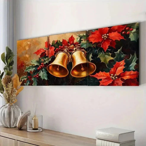 3pcs Golden Bell & Holly Christmas Decorations Wall Art Canvas Unframed - High Quality Print 100% Australian Made Wall Canvas - Bella Home Decor