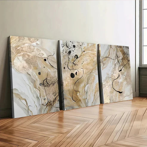 3pcs Golden Marble Abstract Golden Black Lines Wall Art Set Canvas Unframed - High Quality Print 100% Australian Made Wall Canvas - Bella Home Decor
