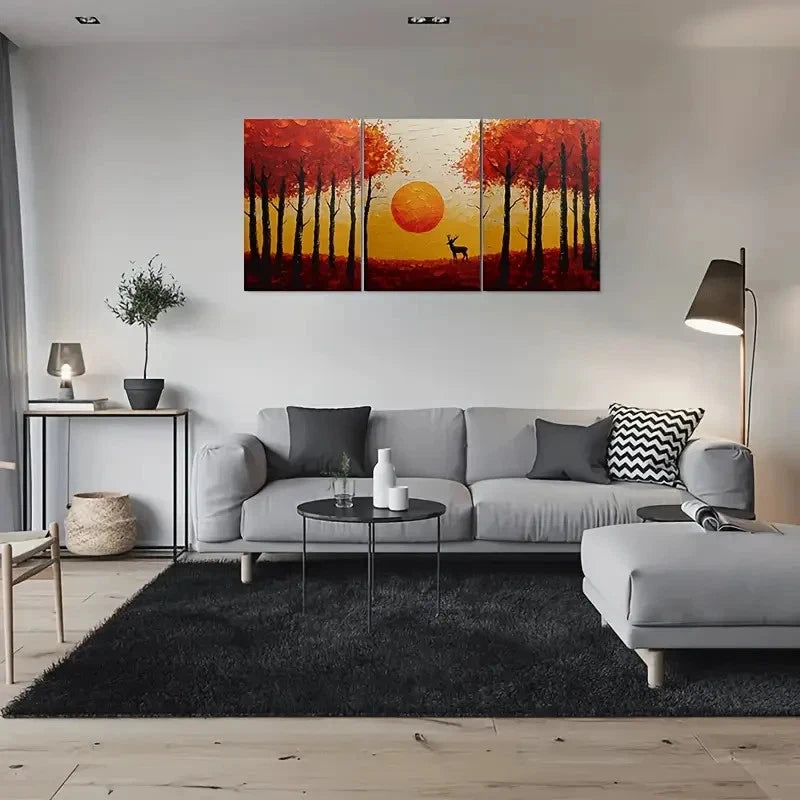 3pcs Autumn Forest Sunset Deer Metal Print Ready to Hang Art - Bella Home Decor