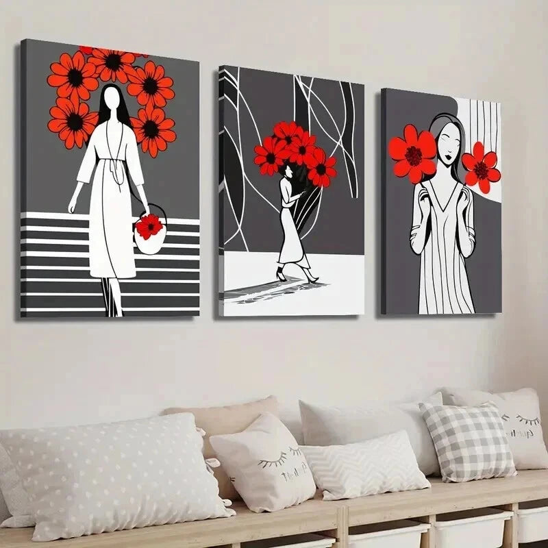 3pcs Abstract Black & Recd Flower Girl Perfect Wall Art Set Canvas Framed 40x60cm - High Quality Print 100% Australian Made Wall Canvas Ready to Hang - Bella Home Decor