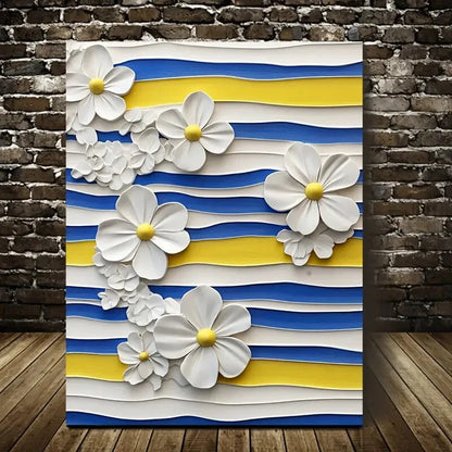 Featuring Blue And White Stripes with Yellow Painting  40x60cm Metal Print Ready to Hang - Bella Home Decor