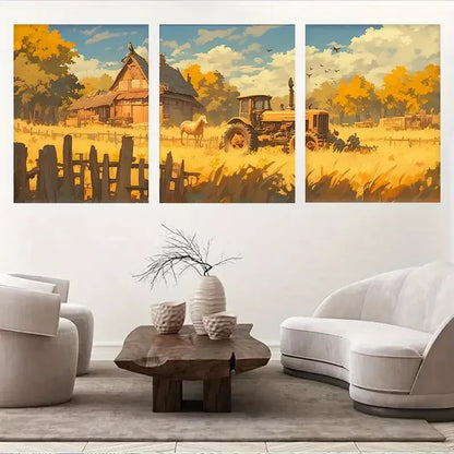 3pcs Autumn Farm Scenery with Tractor & Horse Wall Art Set Canvas Framed 50x70cm - High Quality Print 100% Australian Made Wall Canvas Ready to Hang