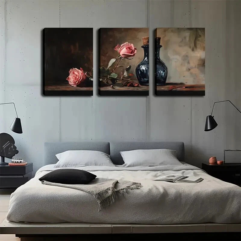 3pcs Pink Roses & Dark Bottles Dark Perfect Wall Art Set Canvas Framed 40x60cm - High Quality Print 100% Australian Made Wall Canvas Ready to Hang - Bella Home Decor