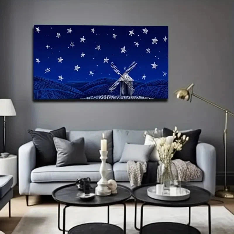Tranquil Windmill Landscape Wall Art Canvas Office Home Room Framed 120x60cm