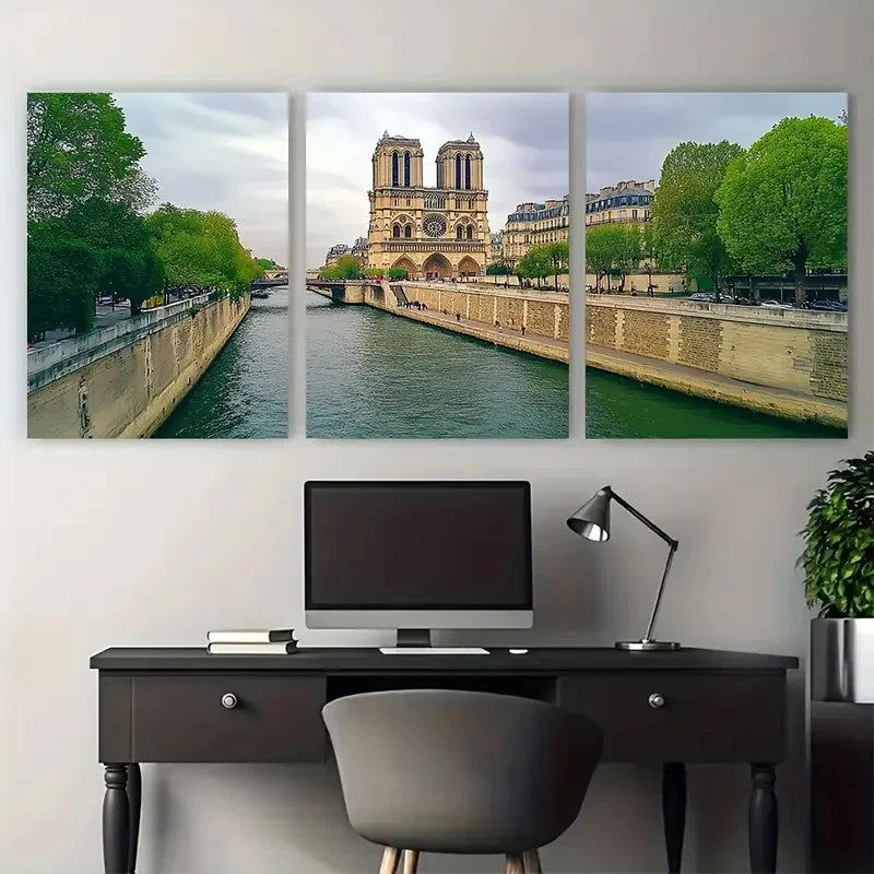 3pcs Tower & Seine River Scene Décor Perfect Wall Art Set Canvas Framed 40x60cm - High Quality Print 100% Australian Made Wall Canvas Ready to Hang