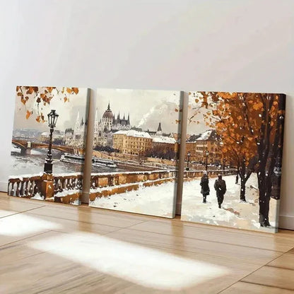 3pcs Snowy Cityscape with River & Autumn Leaves Wall Art Set Canvas Unframed - High Quality Print 100% Australian Made Wall Canvas