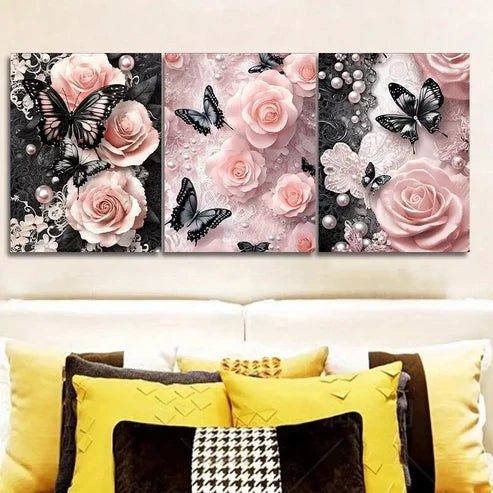 3 PCS Black Butterflies In Pink Roses Floral Wall Art Set Canvas Unframed - High Quality Print 100% Australian Made Wall Canvas - Bella Home Decor