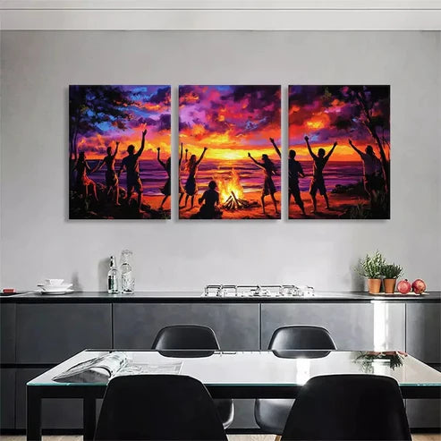 3pcs Beach Bonfire Sunset Celebration Perfect  Wall Art Set Canvas Unframed - High Quality Print 100% Australian Made Wall Canvas - Bella Home Decor