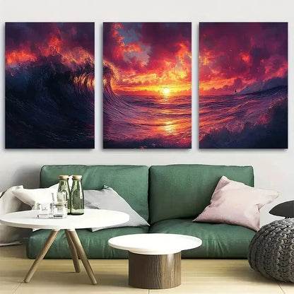 3pcs The Wave Synthwave Style Ocean Wall Art Set Canvas Framed 40x60cm - High Quality Print 100% Australian Made Wall Canvas Ready to Hang - Bella Home Decor
