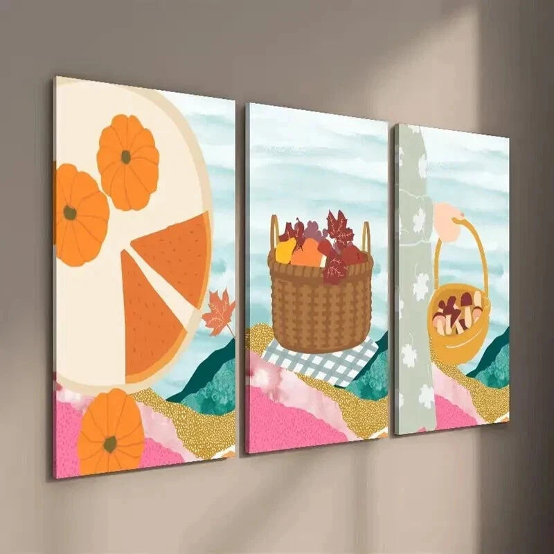 3pcs Autumn Leaves Fruit Basket Illustration Wall Art Set Canvas Framed 60x90cm - High Quality Print 100% Australian Made Wall Canvas Ready to Hang