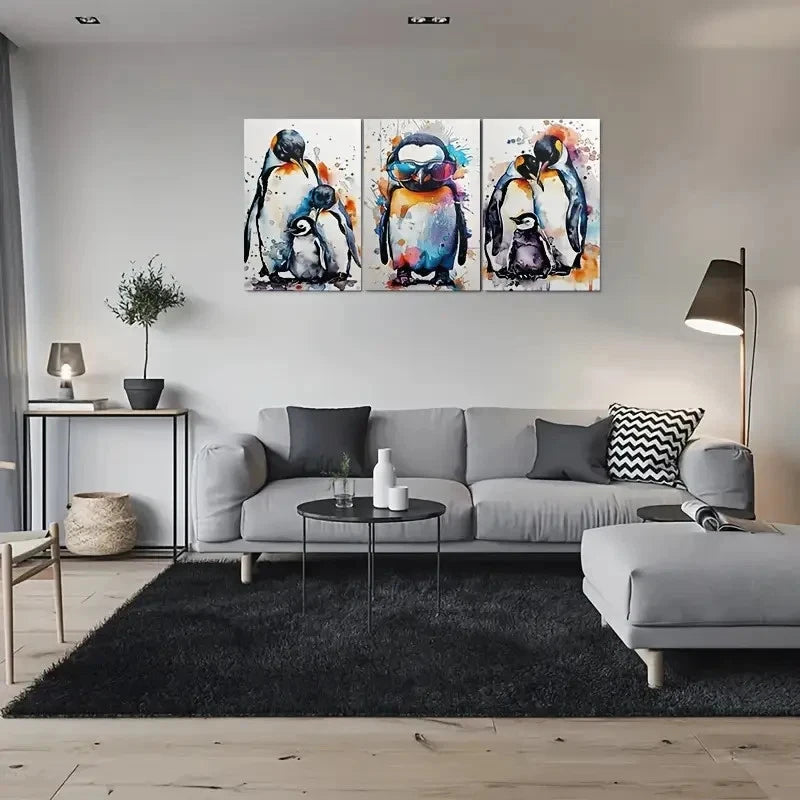 3pcs Colorful Penguin Family Blue Themed Metal Print Ready to Hang Art - Bella Home Decor