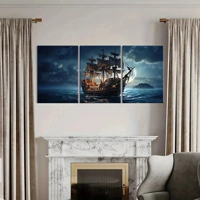 3pcs Pirate Ship On The Sea At Night Wall Art Set Canvas Framed 60x90cm - High Quality Print 100% Australian Made Wall Canvas Ready to Hang - Bella Home Decor
